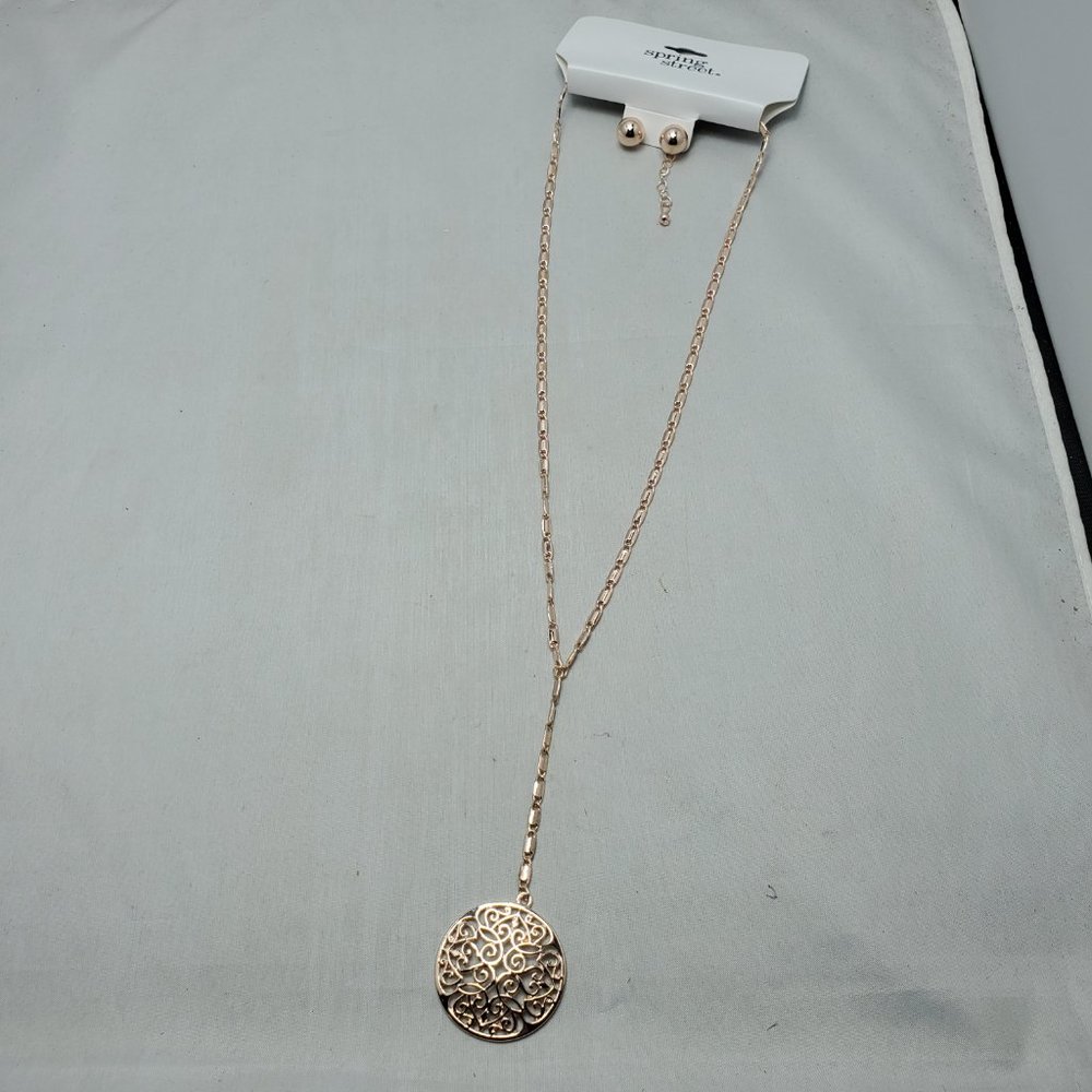 Spring Street rose gold medallion necklace set with stud earring NWT